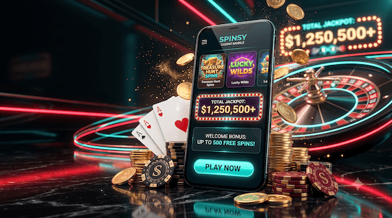 Startseite des Spinsy Casinos mit Übersicht der aktuellen Spiele und Boni
